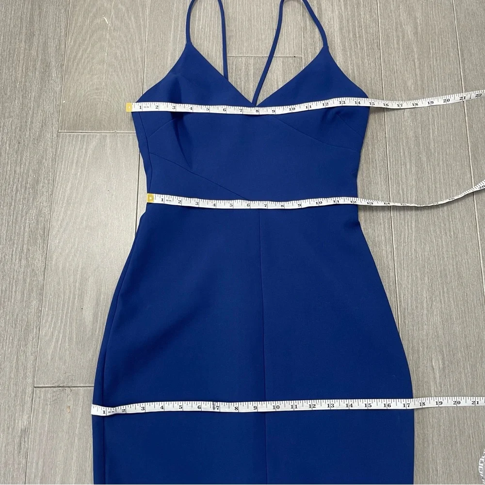 LIKELY Brooklyn Cocktail Dress Blue Midi Bodycon Strappy Sexy Front Slit Revolve - Picture 15 of 16
